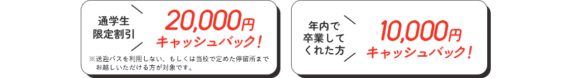 通学制限定割引：20.000円キャッシュバック！※送迎バスを利用しない、もしくは当校で定めた停留所まで　お越しいただける方が対象です。／年内で卒業してくれた方：10,000円キャッシュバック！
